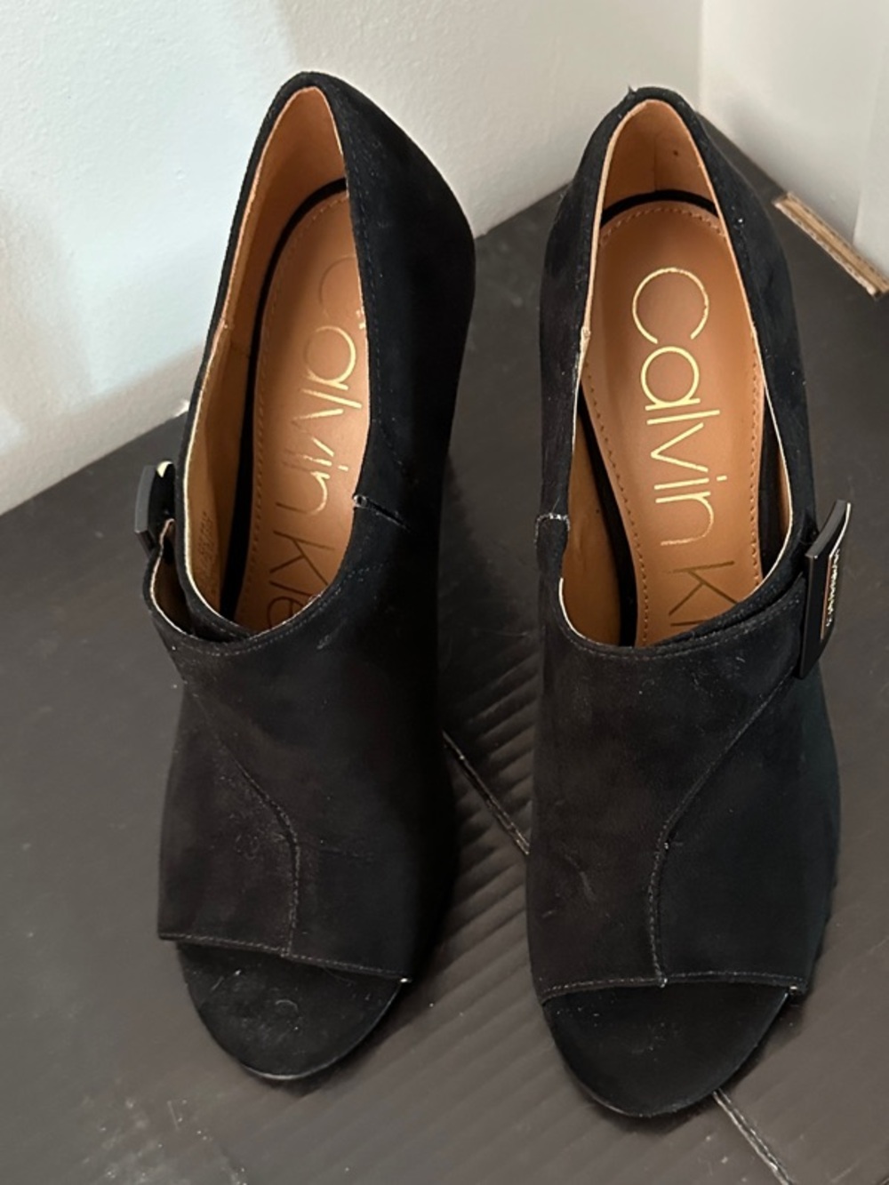 Calvin Klein Black Suede Peep-Toe Booties with Side Buckle